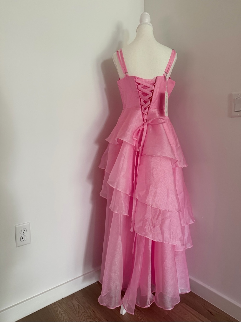 Pink Tiered Ruffle Lace-Up Formal Gown (Ball,prom,wedding, quinceañera)